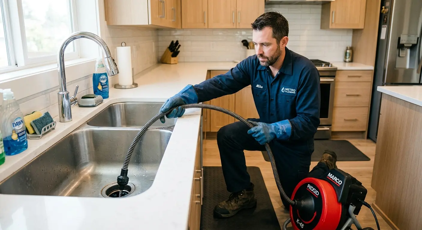 Drain cleaning technician using a motorized snake on a kitchen sink in Woodburn