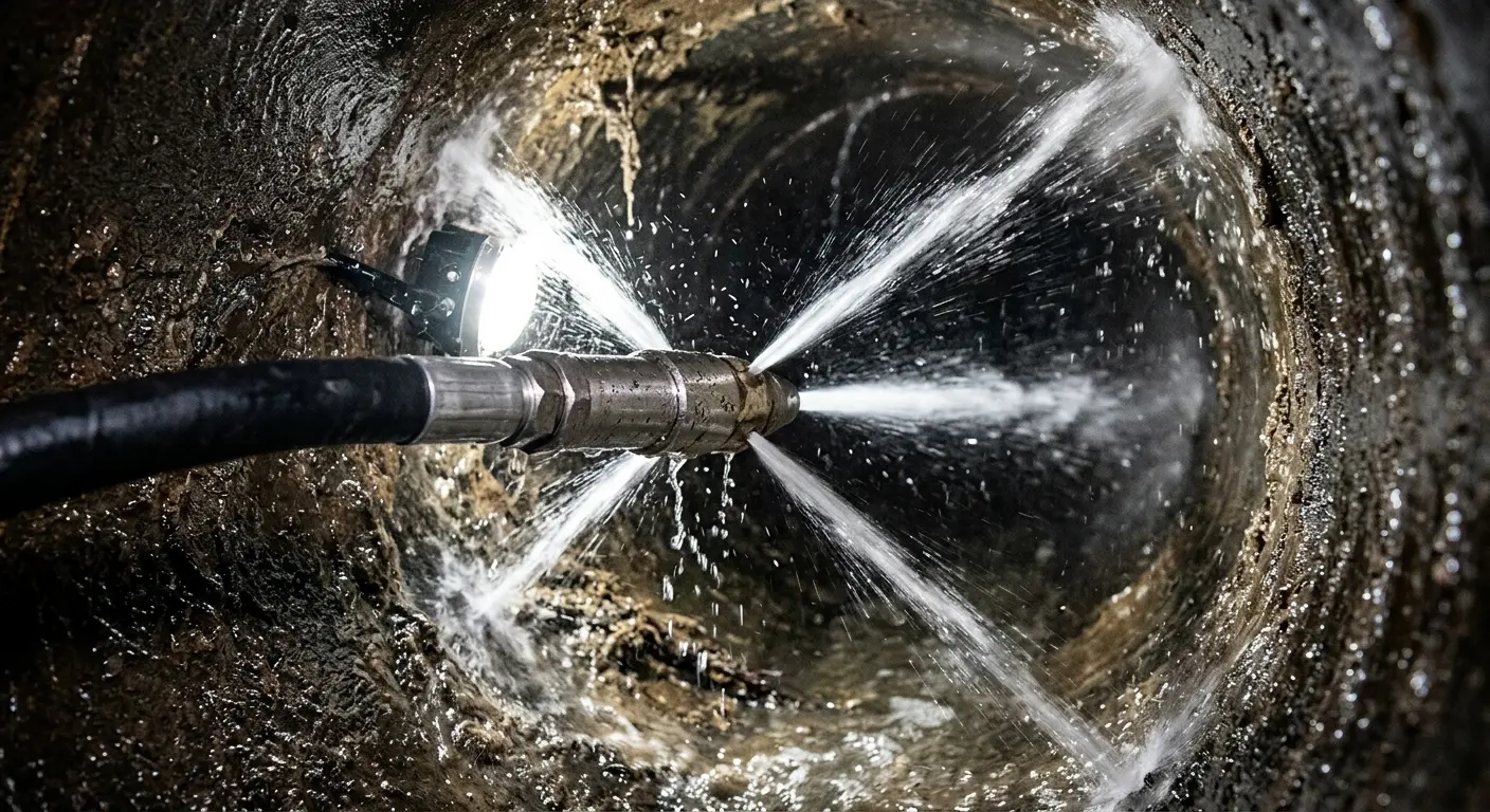 High-pressure hydro jetting nozzle cleaning sewer pipe for Sewer Cleanout in Woodburn