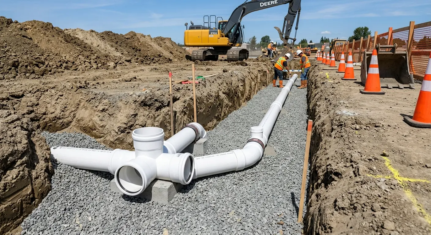 New PVC sewer pipe installation in open trench for Commercial Drain Cleaning in Woodburn