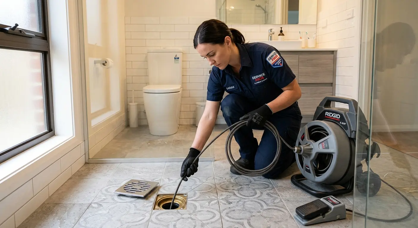 Technician clearing a bathroom floor drain for Clogged Drain Repair in Woodburn